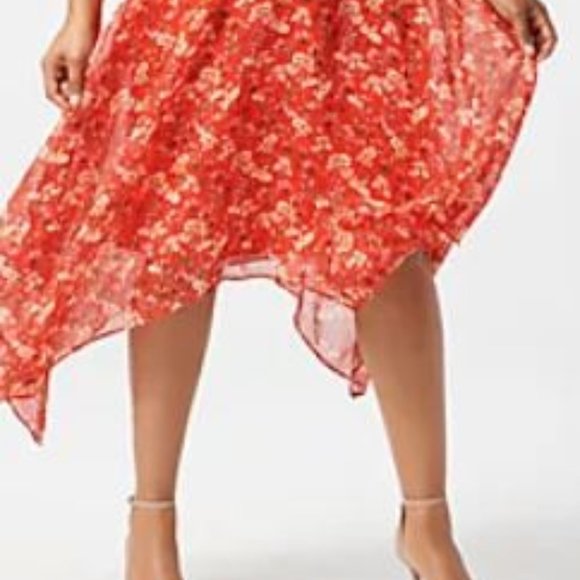 Sam Edelman Orange Coral Floral Sleeveless Smocked Handkerchief Hem dress Sz L - Picture 2 of 15